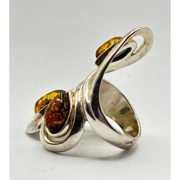 Sterling Silver 925 Amber Statement Ring Modern Swirl Design Size 5 - Picture 4 of 7